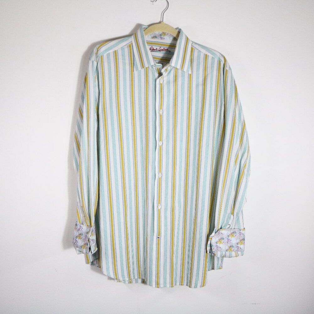 Robert Graham Mens Striped Dress‎ Shirt Large XL 17 Flipcuff Starfish Green Blue